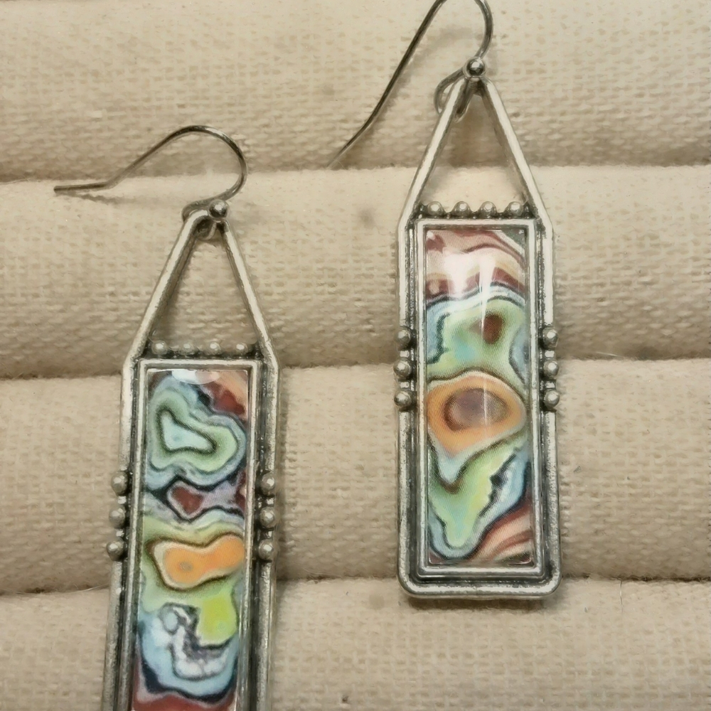 Handcrafted Multicolor Rectangular Drop Earrings - Silver-Tone Frame